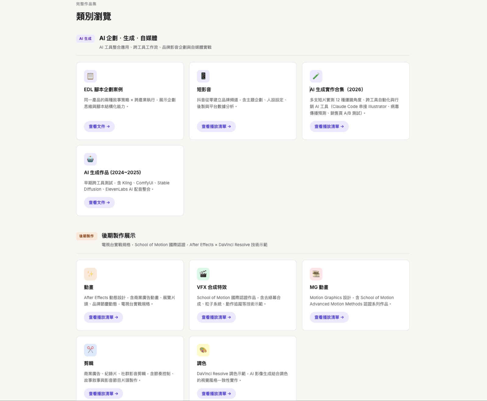 類別瀏覽頁面，依主題分類展示 AI 生成實作、動畫、VFX 合成特效、剪輯、調色等作品