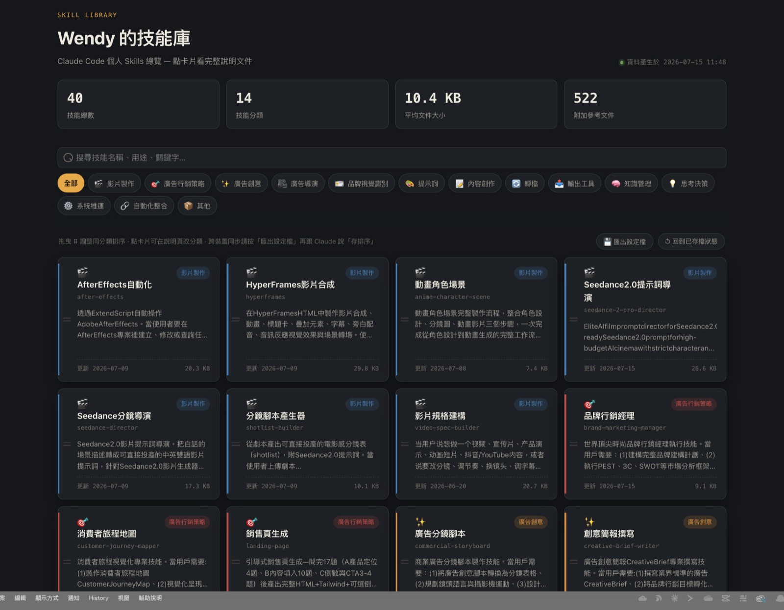 Skills 儀表板首頁，40 個 Skill 依 14 個分類整齊排列，上方有總覽數據與搜尋框